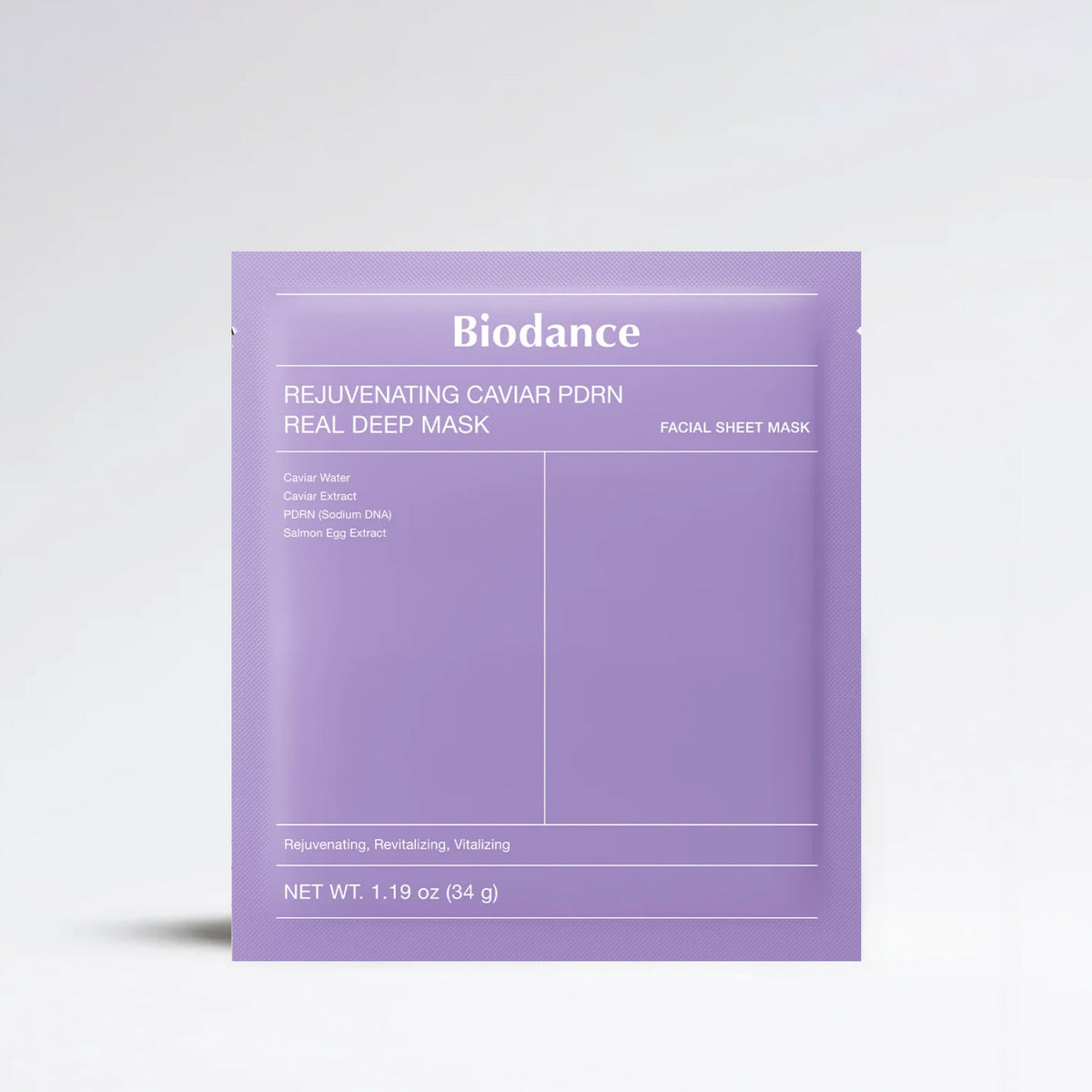 A single flat sheet mask packet by Biodance in a soft lavender-purple color, featuring white text that reads 'Biodance Rejuvenating Caviar PDRN Real Deep Mask Facial Sheet Mask'. The packet is photographed on a clean, light gray gradient background with a soft shadow.