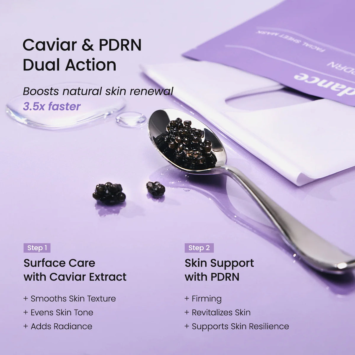 Caviar and PDRN dual action skincare product with spoon and packaging on a purple background