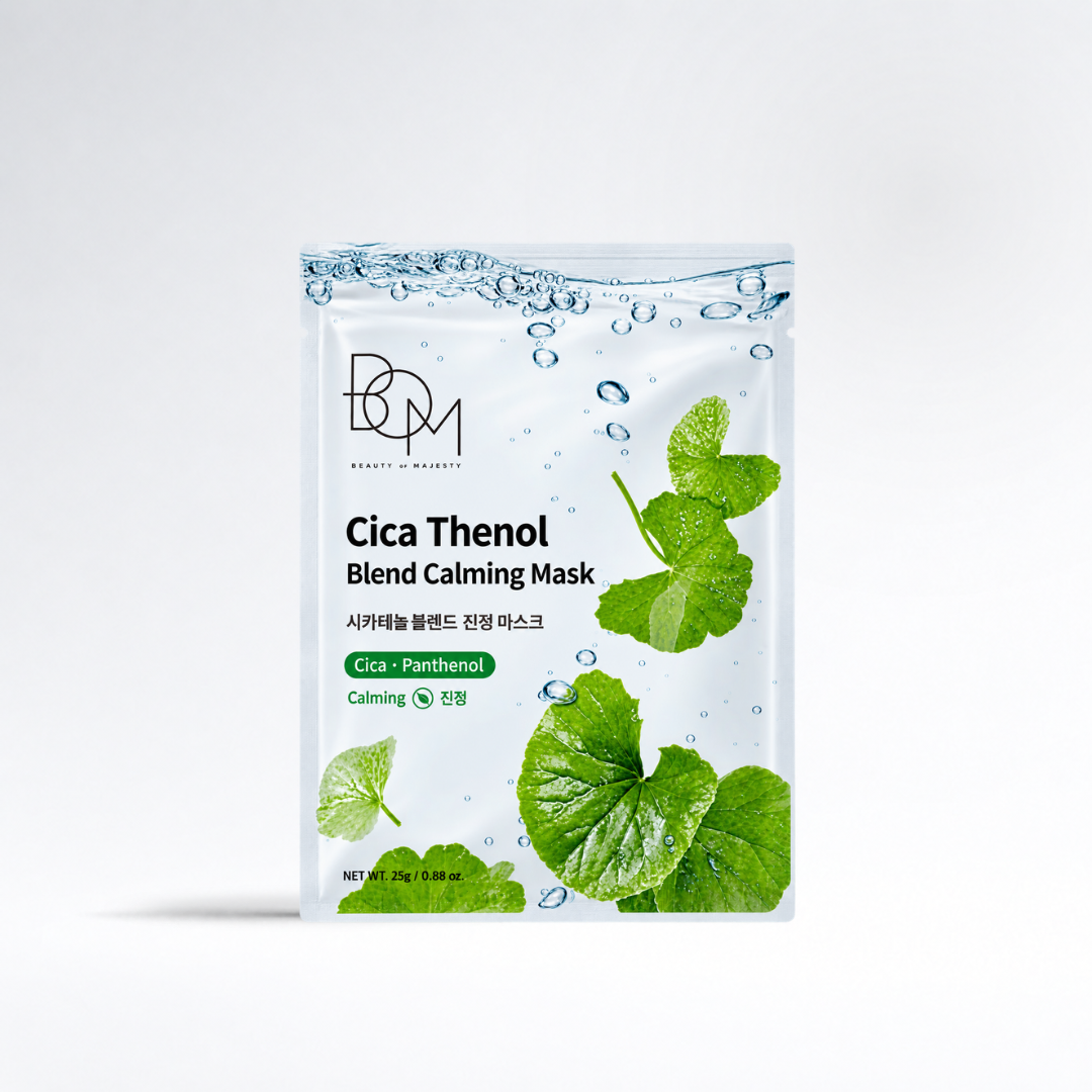 A single sheet mask packet labeled 'Cica Thenol Blend Calming Mask' by Beauty Beauties, featuring green leaf graphics and water bubble artwork on a white background.