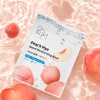 A sheet mask packet labeled 'Peach Hya Blend Moisturizing Mask' by BOM Beauty Formulas, styled on a pink water surface with peach fruits around it.