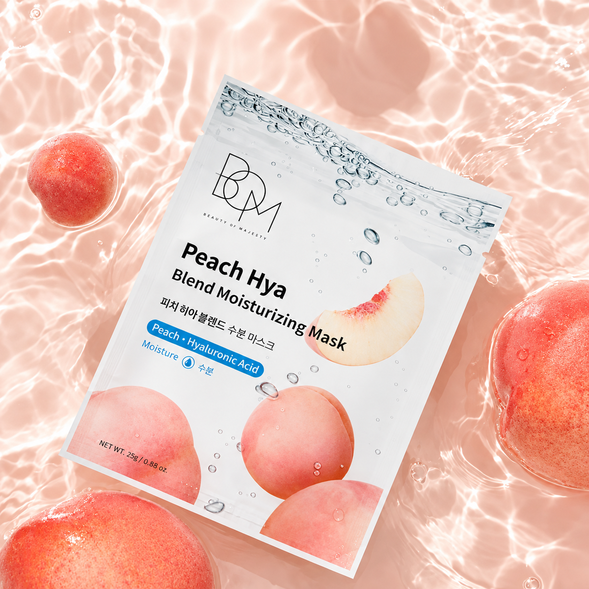A sheet mask packet labeled 'Peach Hya Blend Moisturizing Mask' by BOM Beauty Formulas, styled on a pink water surface with peach fruits around it.