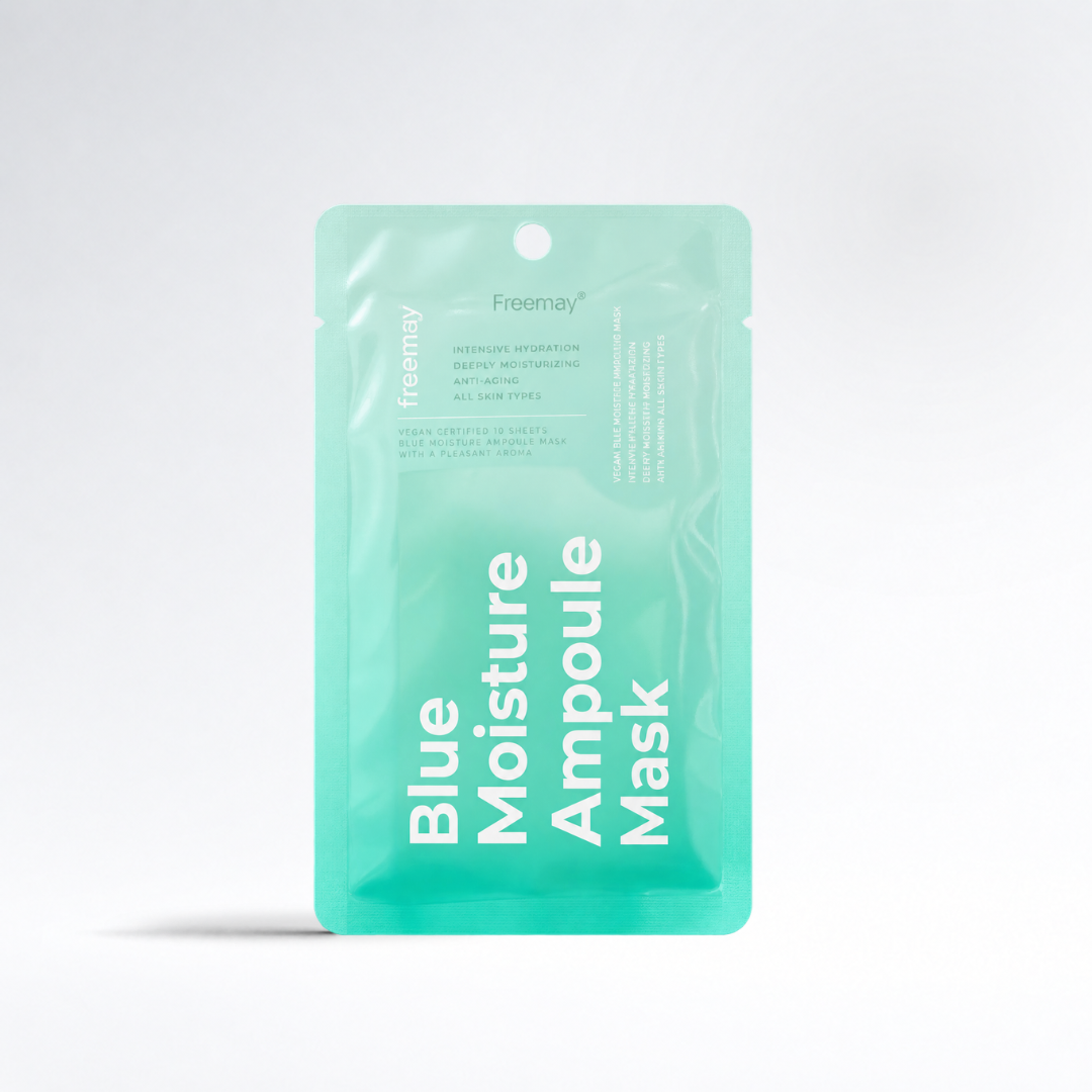 A mint green resealable pouch of Freemay Blue Moisture Ampoule Mask, displayed on a clean white background with a soft shadow.