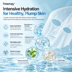 Freemay Intensive Hydration ampoule mask advertisement with blue water droplets, botanical leaves, and amino acid droplets on a light blue background, with text detailing benefits like deep hydration and improved elasticity.