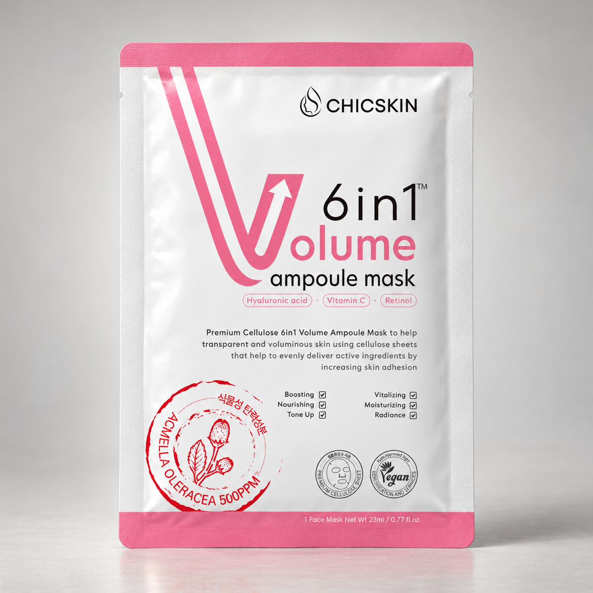 Chiskin 6in1 Volume Ampoule Mask packaging in a white stand-up pouch with pink accents and text, photographed on a light gray background.