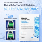 A promotional graphic for the Azulene Semi-Gel Mask by Dr. Sante Cosmetics, showing the product packaging on a light blue water-textured background with before-and-after moisture test photos on the left.
