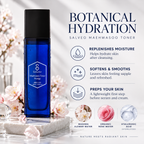 Solisce Salveo Maehwasaoo Toner in a cobalt blue bottle with a black cap, styled on a marble slab with pink blossoms. The right side features product benefits text and ingredient icons for Maehwa Flower Water, Organic Rose Water, and Hyaluronic Acid.