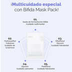 A promotional graphic in Spanish for a Milkkoo skincare mask pack, showing a white rectangular packet centered on a pale lavender background with five labeled benefit callouts around it.