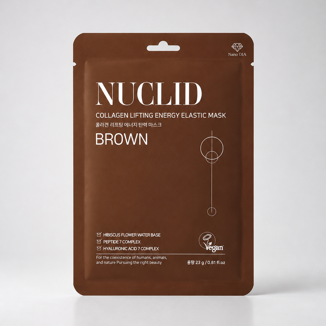 A brown stand-up pouch of NUCLID Collagen Lifting Energy Elastic Mask in the Brown variant, shown against a light gray background.