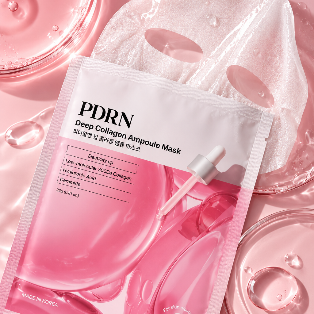 PDRN Deep Collagen Ampoule Mask in a pink and white stand-up pouch, styled with a translucent sheet mask and pink gel droplets on a pink satin background.