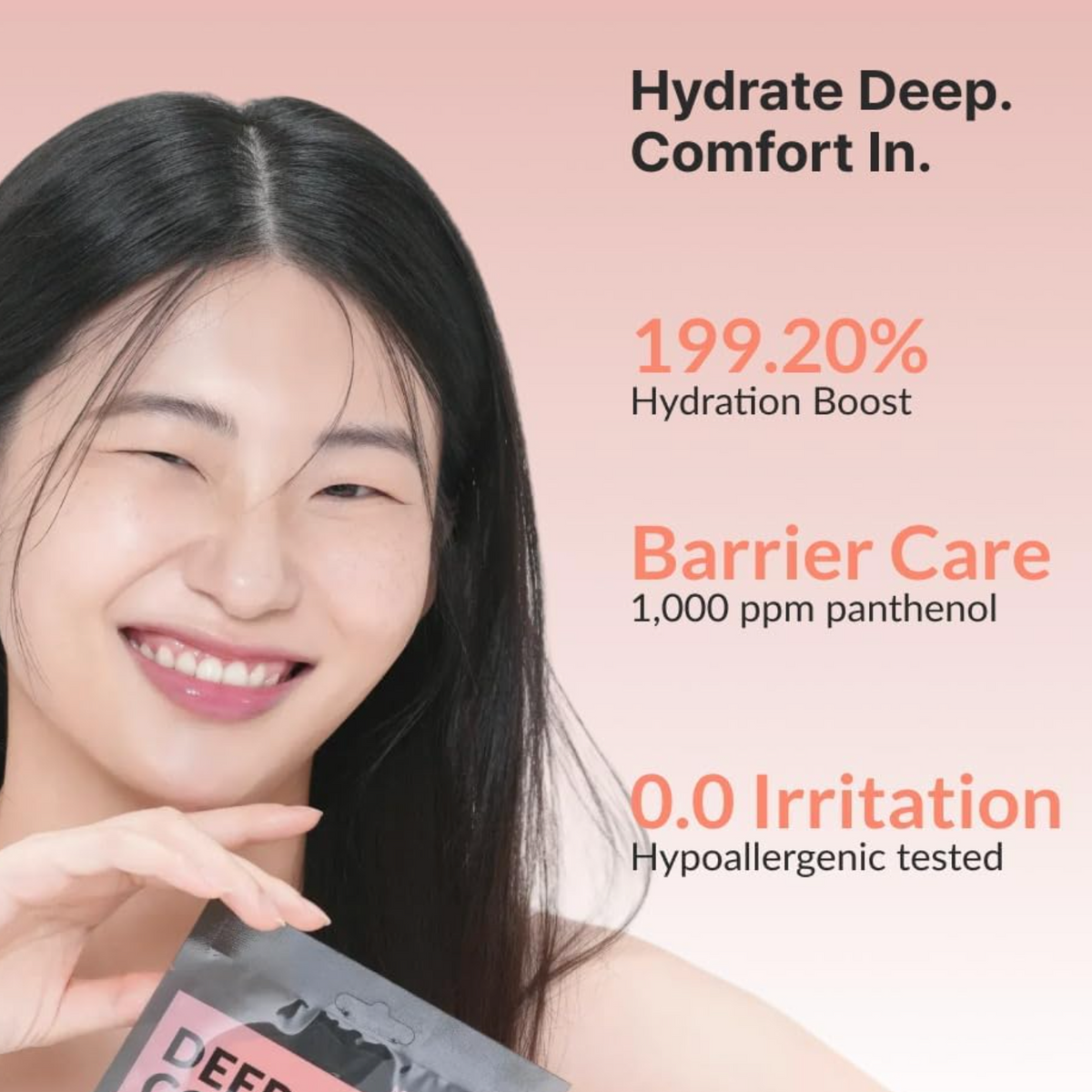 A smiling woman with long dark hair holds a skincare packet in one hand while the image features promotional text on a soft pink background. The text highlights hydration benefits, barrier care with 1,000 ppm panthenol, and irritation-free testing.