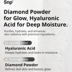Product description of Snp skincare formula with diamond powder and hyaluronic acid on a light gray background.