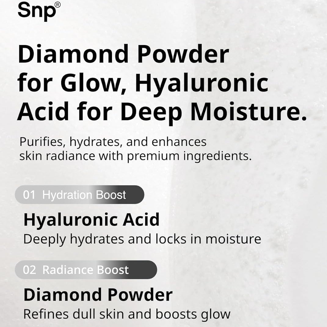 Product description of Snp skincare formula with diamond powder and hyaluronic acid on a light gray background.