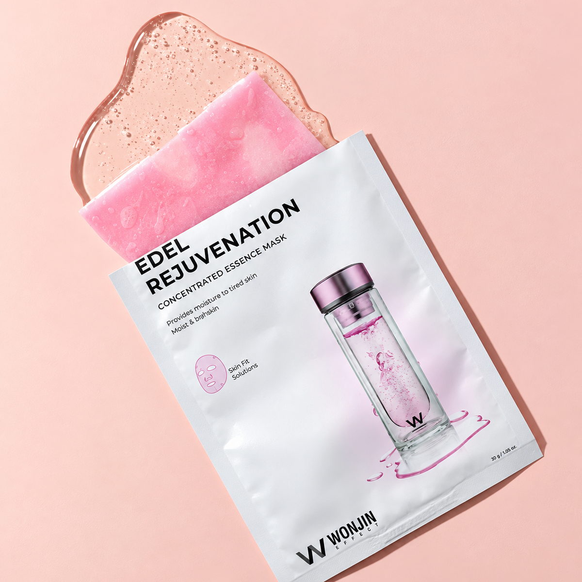 Wonjun Edel Rejuvenation Concentrated Essence Mask in a white foil packet, shown with a pink essence mask sheet and a pink liquid droplet on a soft pink background.