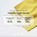 A gold sheet mask package shown on a light gray background with promotional text reading 'Clinically Proven Results' and results percentages for hyperpigmentation reduction, skin clarity improvement, and melasma improvement.