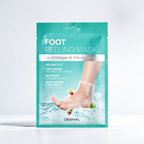 A teal and white packet of Dermal Foot Peeling Mask, featuring an illustration of a foot wearing a white mask and water splashes, set against a clean white background.