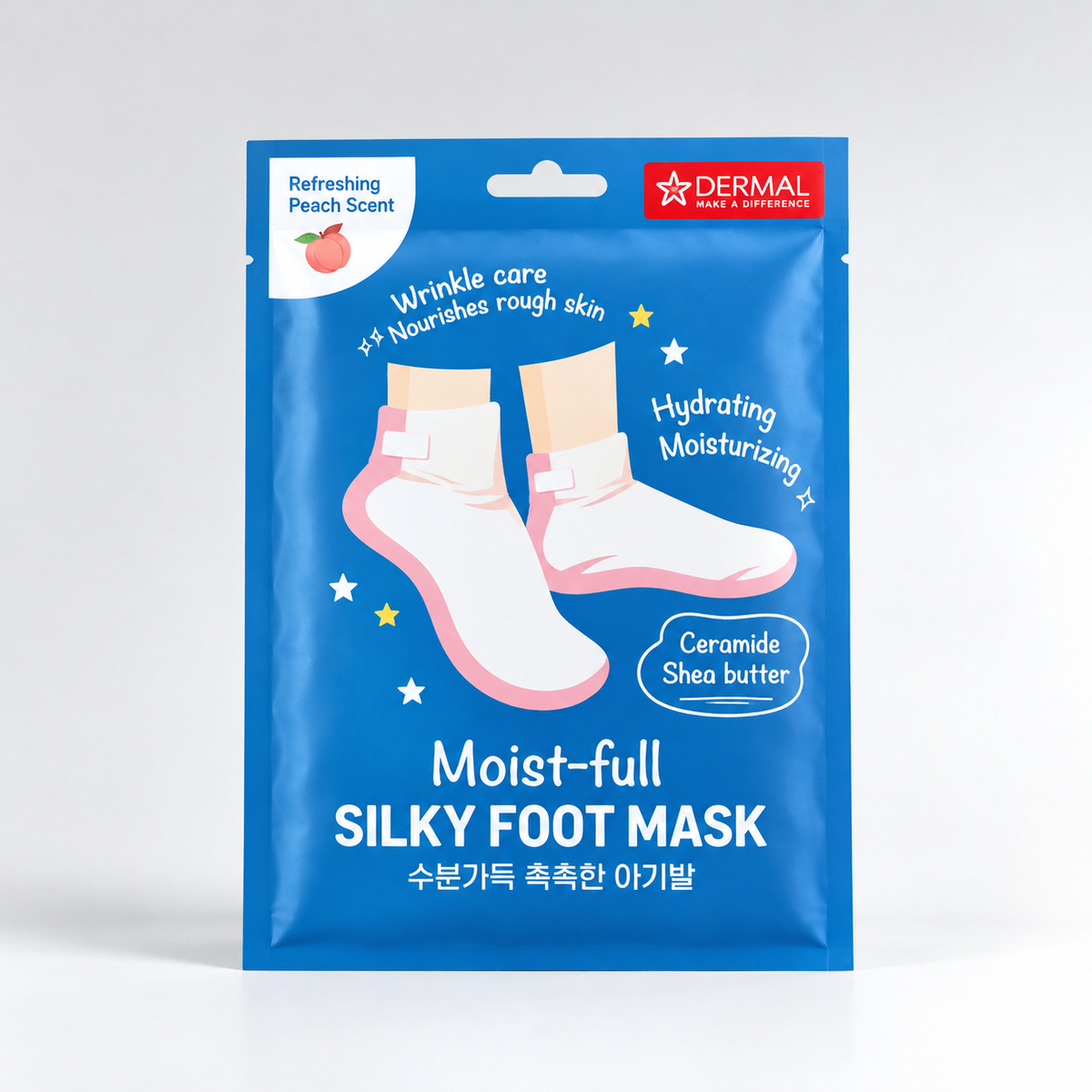 A blue package of Dermal Care Experience Moist-full Silky Foot Mask, featuring illustrations of white socks with pink soles and text highlighting wrinkle care, hydration, and peach scent.