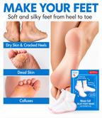 Promotional collage for a foot care product showing bare feet with dry, cracked, and callused heels, a close-up of a foot being pulled toward the calf, a blue packet labeled OTCURAL Moist-full Silky Foot Mask, and large headline text reading 'MAKE YOUR FEET Soft and silky feet from heel to toe.'.