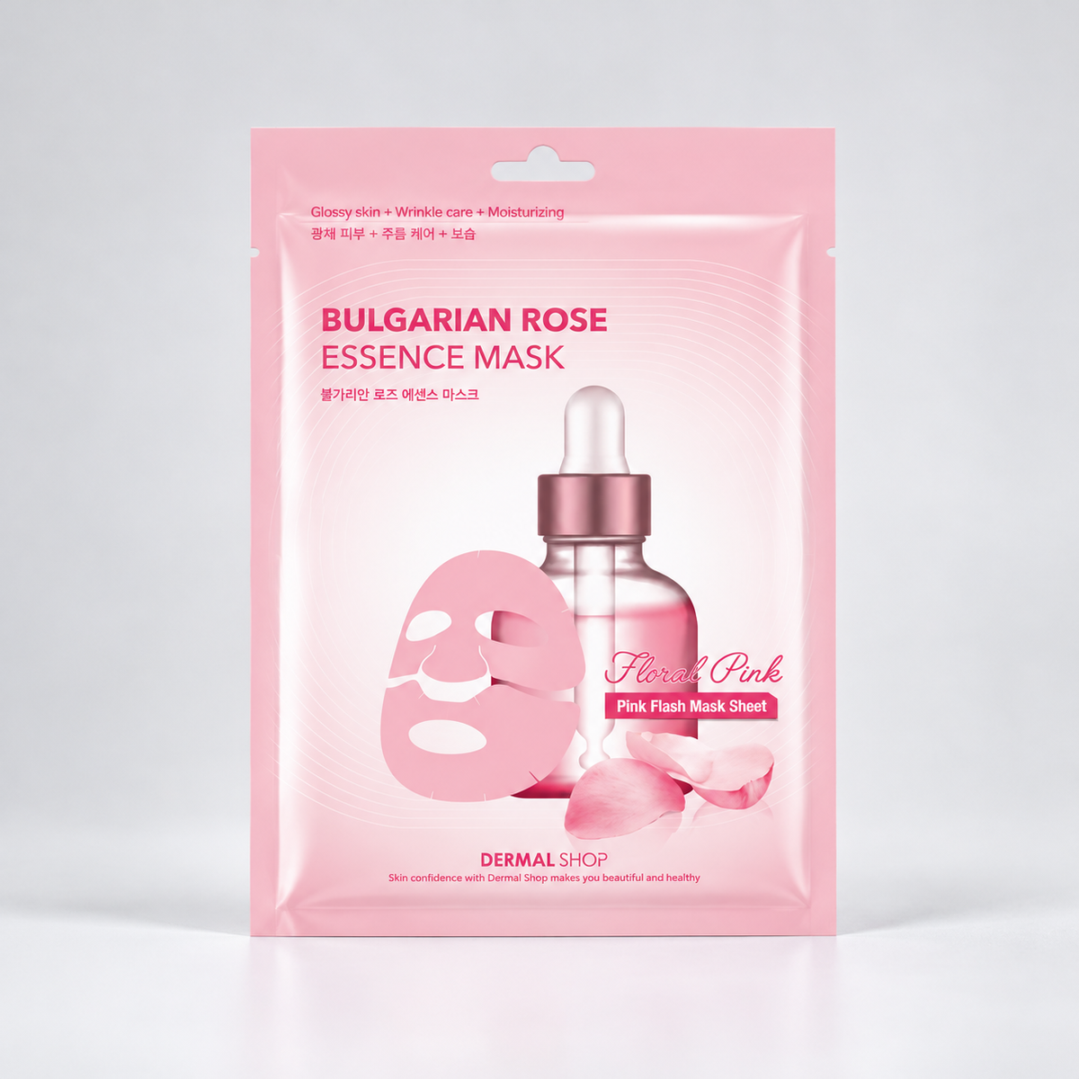 A pink packet of Dermal Shop Bulgarian Rose Essence Mask, featuring a graphic of a pink dropper bottle and a sheet mask on a clean white background.