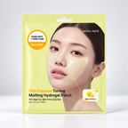 Seoul Face Vita Capsule Toning Melting Hydrogel Patch in a light yellow pouch packaging, featuring a model wearing the patch under her eyes.