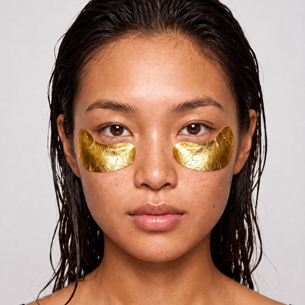 A close-up of a woman with wet dark hair wearing two gold eye mask patches under her eyes, set against a plain light gray background.