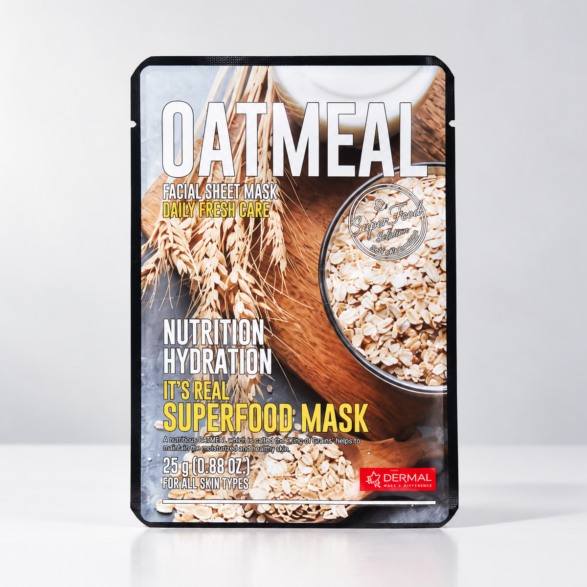 Dermal Cell Solutions Oatmeal Facial Sheet Mask in a black stand-up pouch with a printed oat-themed label, shown on a light gray background.