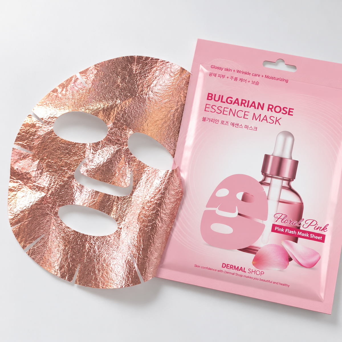 A rose gold metallic sheet mask next to its pink packaging pouch labeled 'BULGARIAN ROSE ESSENCE MASK' by Dermal Shop, on a clean white background.
