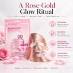 Rose gold foil sheet mask displayed in front of its pink retail packaging on a white background with decorative pink roses and petals. Text on the image describes skincare benefits: hydration, radiance, smoother skin, and suppleness.