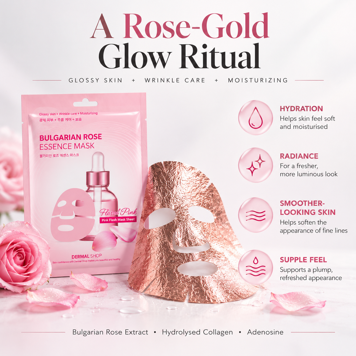 Rose gold foil sheet mask displayed in front of its pink retail packaging on a white background with decorative pink roses and petals. Text on the image describes skincare benefits: hydration, radiance, smoother skin, and suppleness.