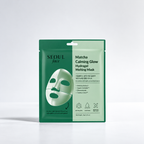 A green and white pouch of Seoul Face Matcha Calming Glow Hydrogel Melting Mask, featuring a graphic of a green mask on a clean white background.