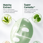 A pale mint-green sheet mask is centered on a white background with four callout circles around it. The text reads 'Matcha Extract,' 'Super Centella,' 'Niacinamide,' and 'Derma-Cera,' with small ingredient illustrations including matcha leaves and translucent droplets.