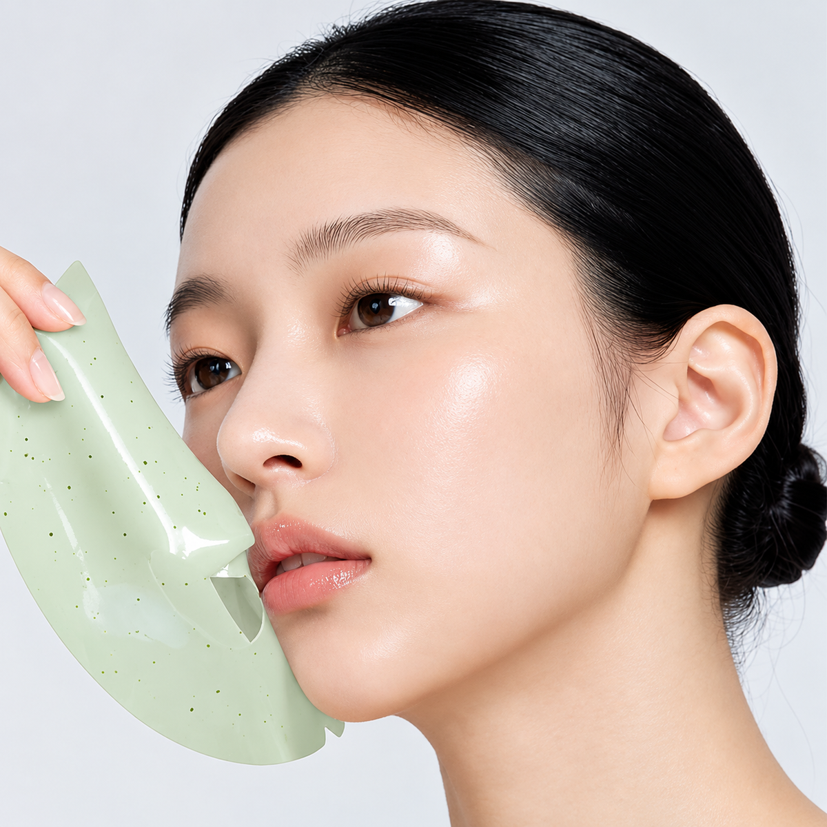 A close-up of a woman with smooth skin holding a translucent light green sheet mask against her cheek, set against a clean light gray background.