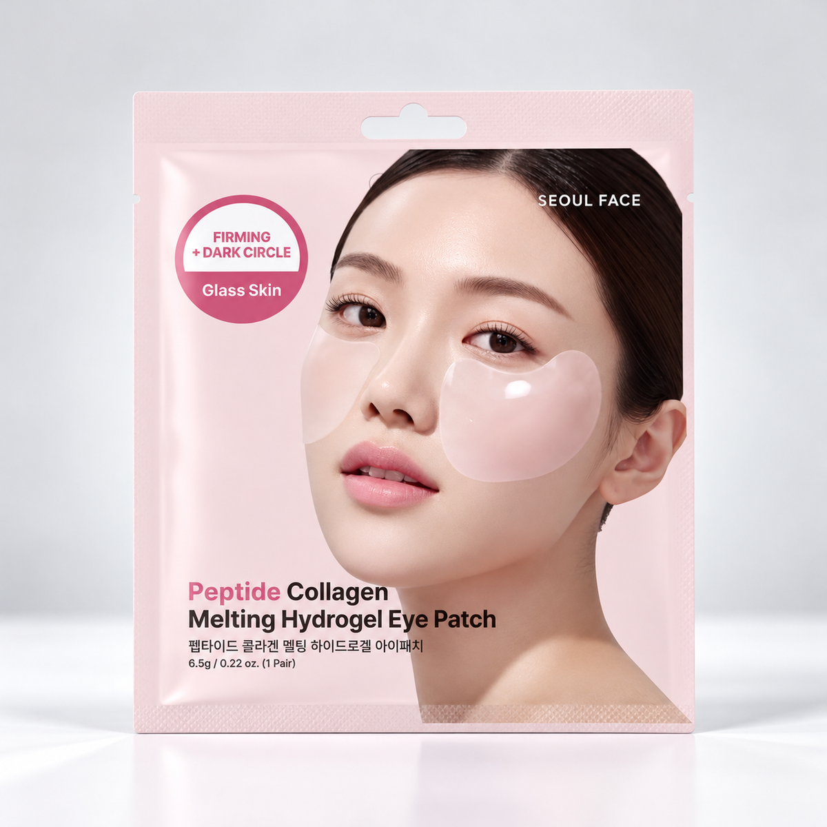 Seoul Face Peptide Collagen Melting Hydrogel Eye Patch in a pink resealable pouch, featuring a model's face with applied pale pink eye patches.